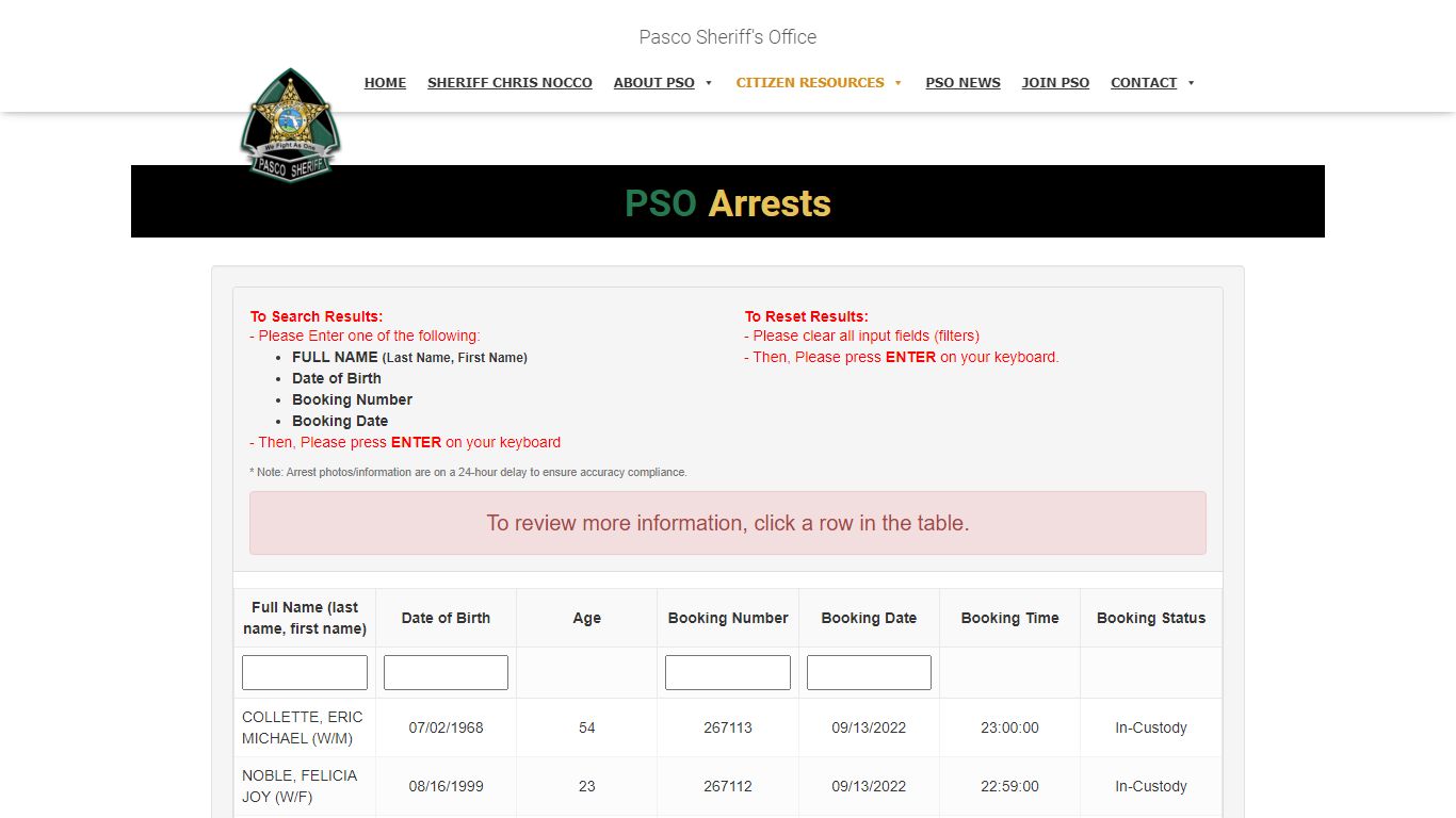 PSO Arrests - Pasco County Sheriff's Office